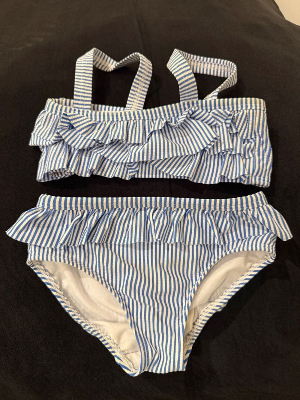 Mini Boden Blue and White Striped Ruffle Two-Piece Swim Set